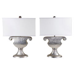 Pair of Textured Chrome Urn Shaped Lamps with Linen Shages