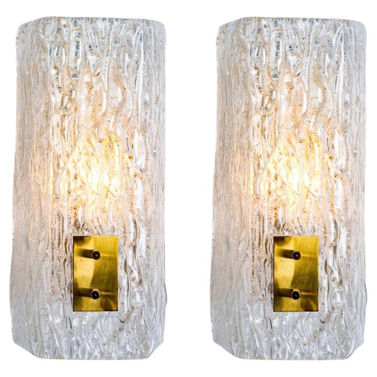 Pair of Textured Glass and Brass Wall Lights by J.T. Kalmar en vente