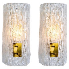 Pair of Textured Glass and Brass Wall Lights by J.T. Kalmar