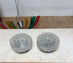 Pair of Textured Glass Flush Mount or Wall Lights, Sculptural Ice Glass Design