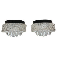 Pair of Textured Glass Flush Mount or Wall Lights, Sculptural Ice Glass Design
