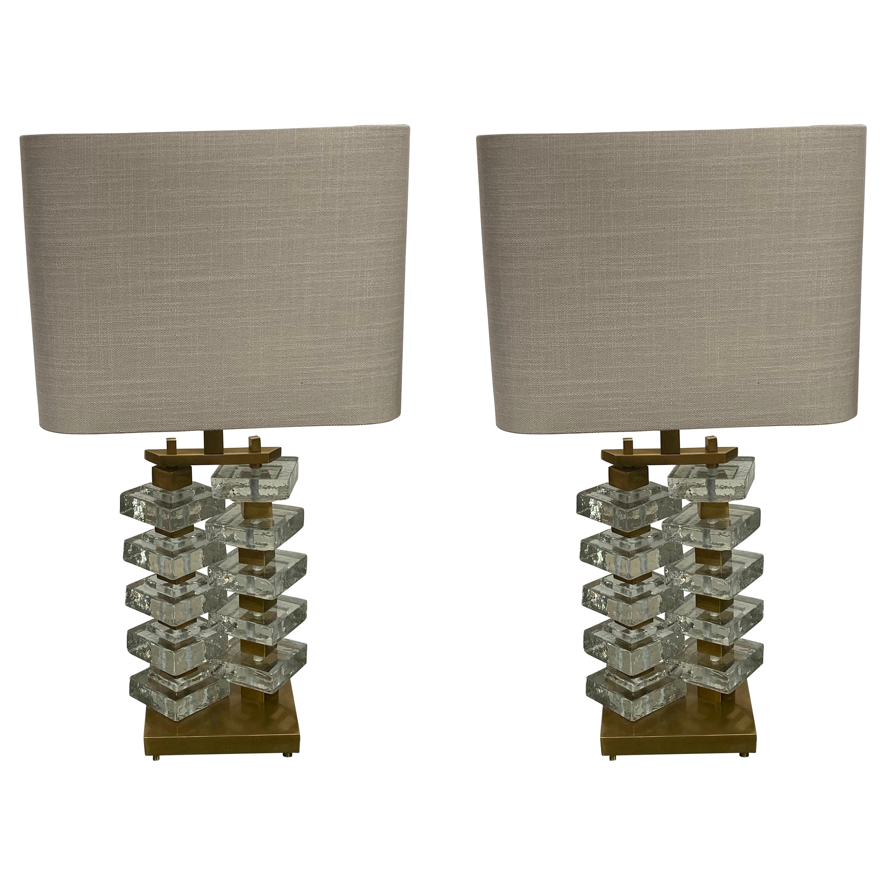 Pair of Thick Textured Glass Lamps, Romania, Contemporary