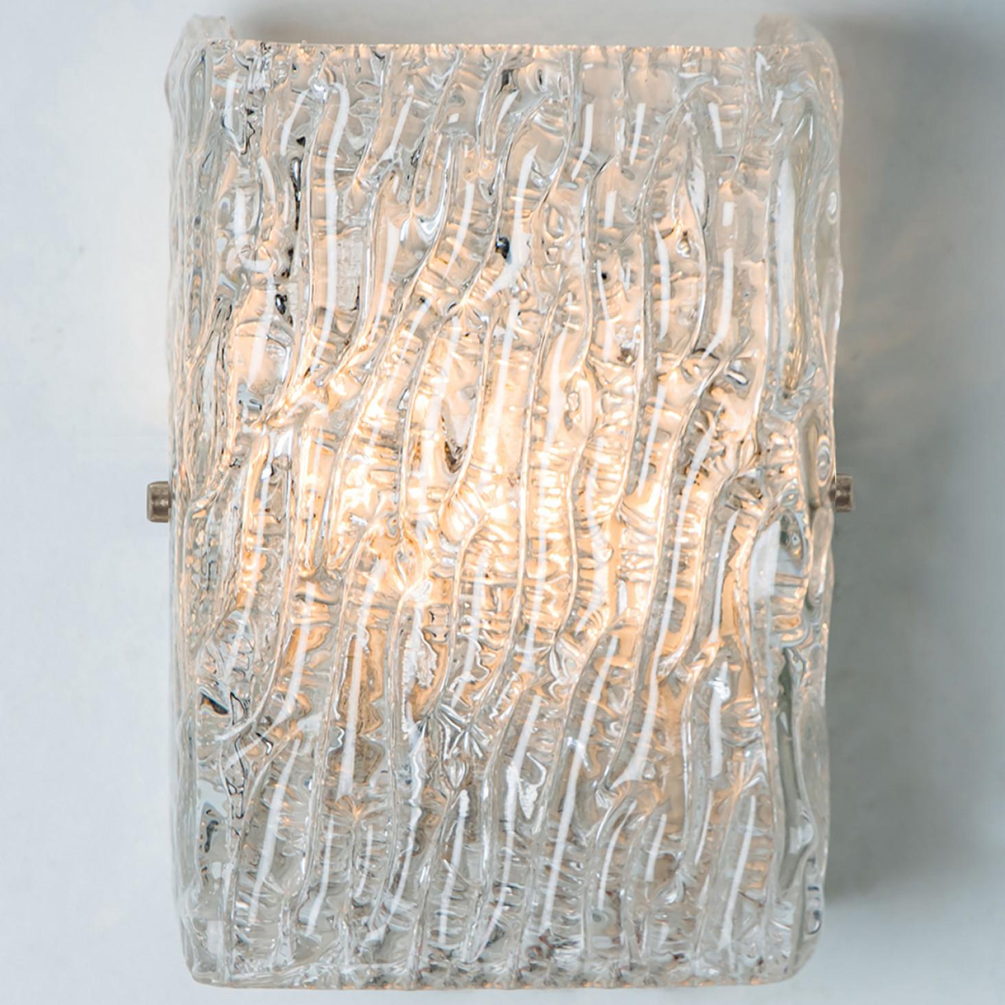 Pair of Textured Ice Glass Gold Wall Lights Kalmar, 1970s For Sale 1