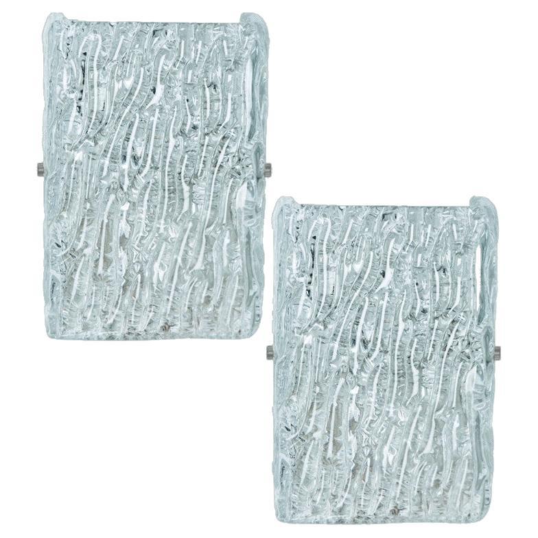 Pair of Textured Ice Glass Gold Wall Lights Kalmar, 1970s