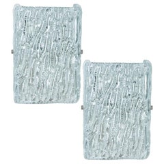 Pair of Textured Ice Glass Gold Wall Lights Kalmar, 1970s