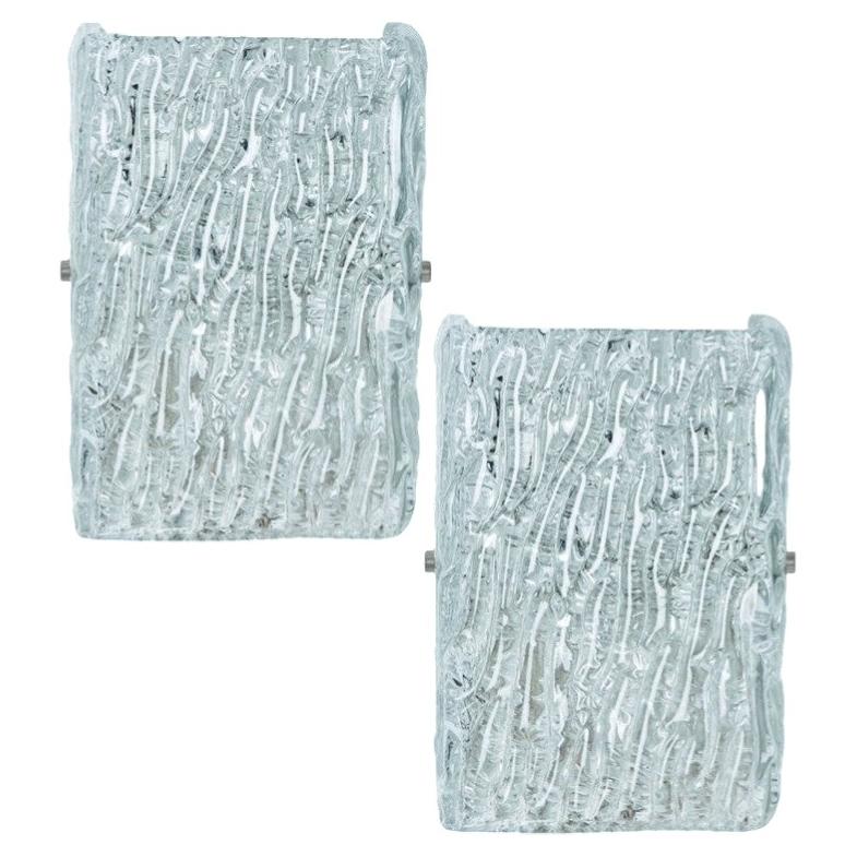 Pair of Textured Ice Glass Gold Wall Lights Kalmar, 1970s For Sale