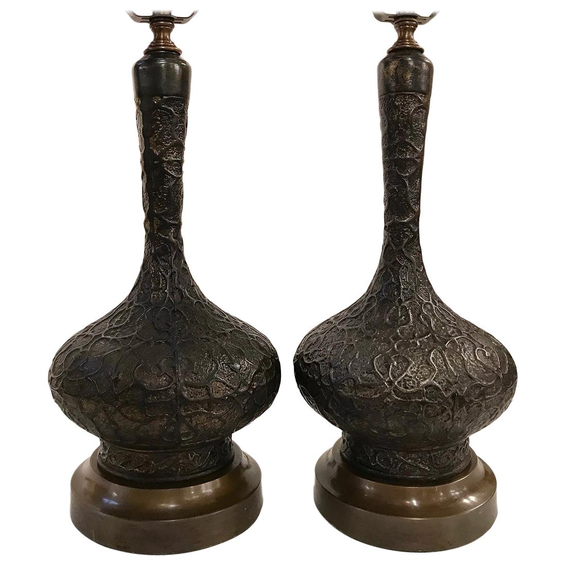 Pair of Textured Metal Table Lamps For Sale