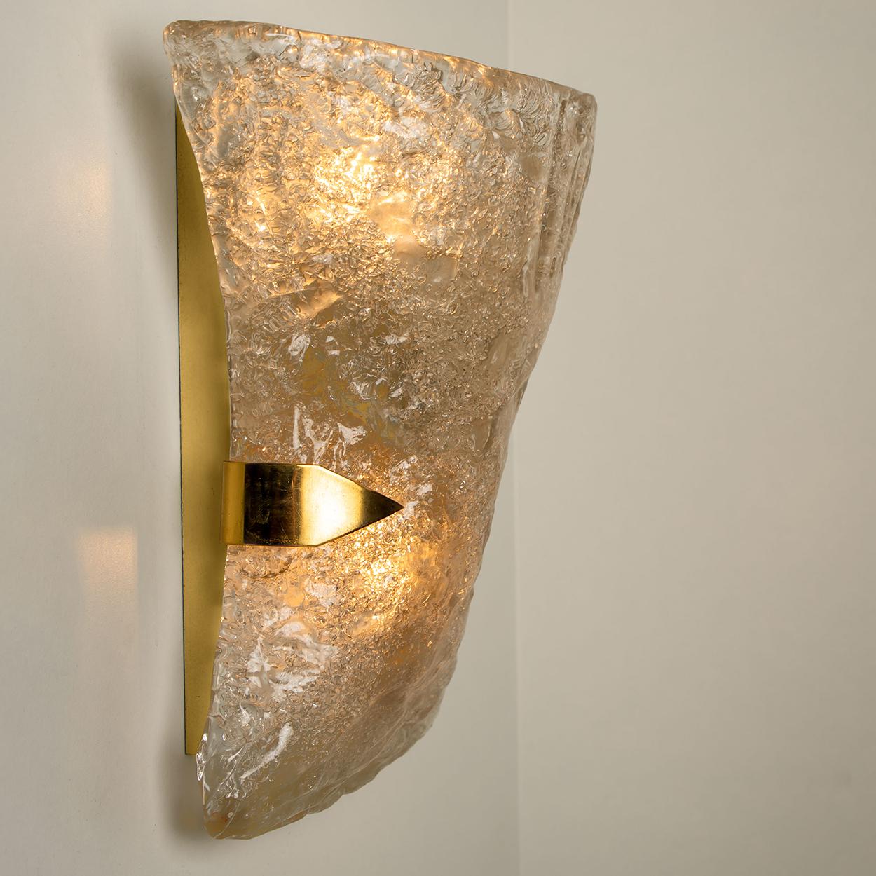 German Pair of Textured Murano Glass Brass Sconces, 1960s For Sale