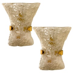 Vintage Pair of Textured Murano Glass Brass Sconces, 1960s