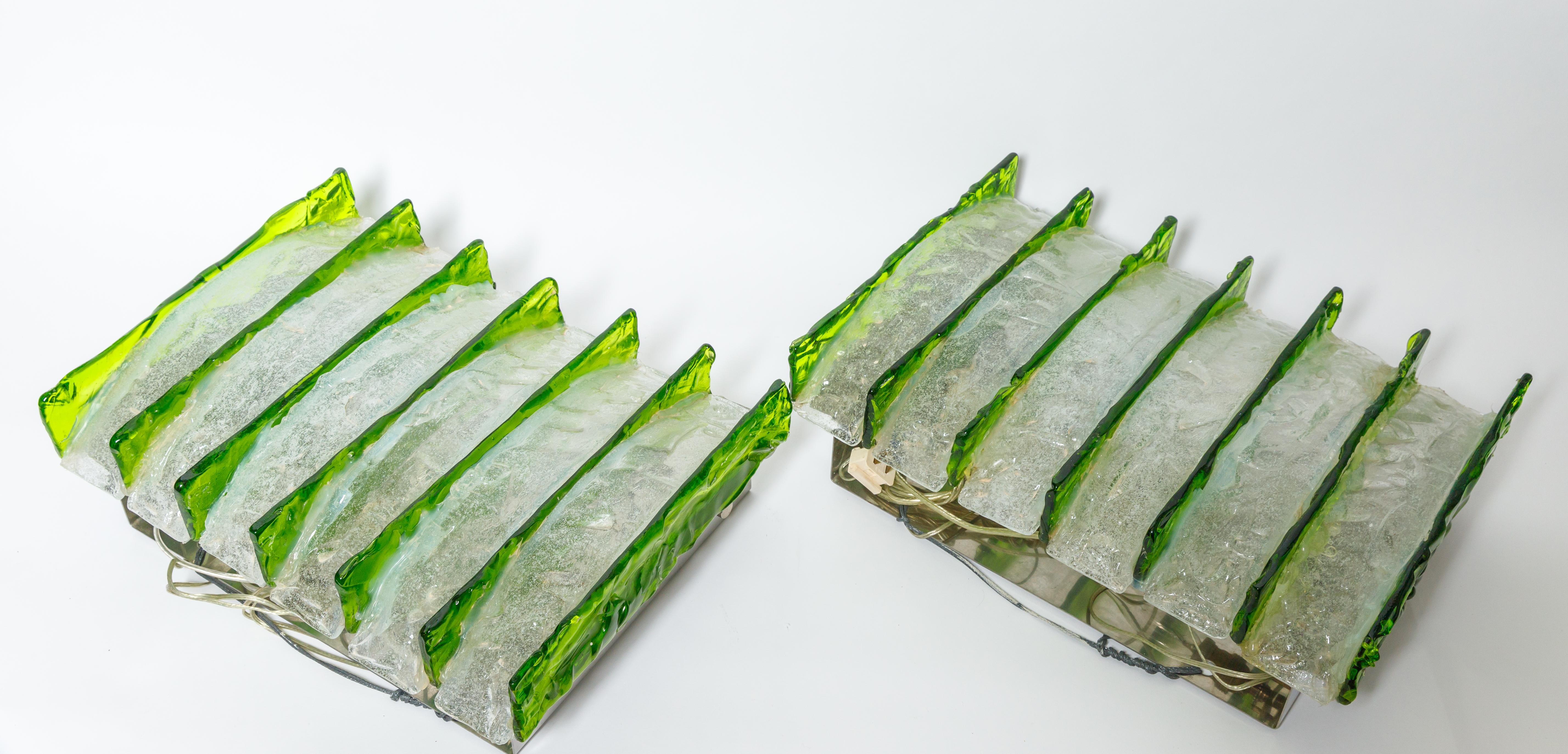 Mid-Century Modern Pair of Textured Murano Glass Sconces with Green Detail