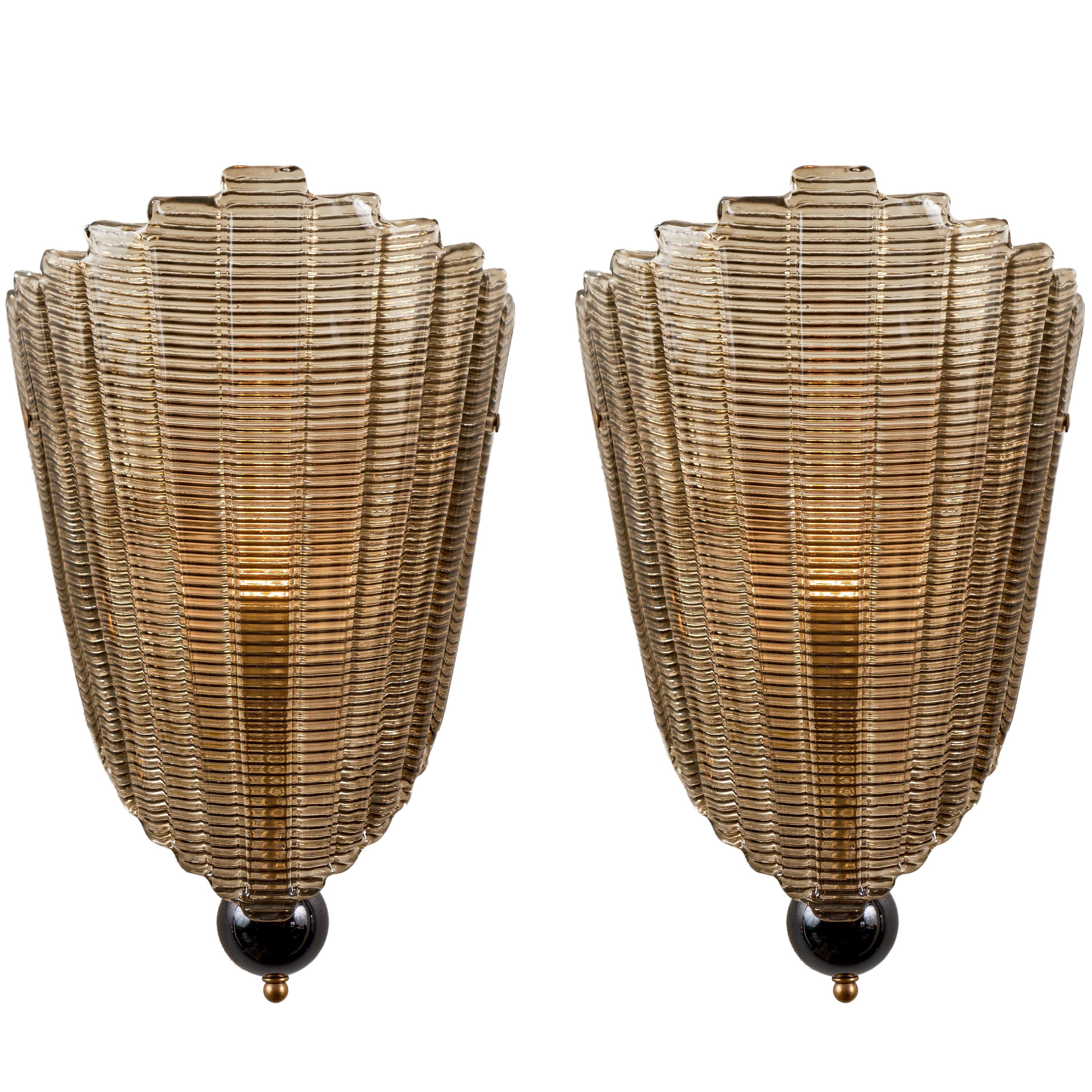 Pair of Textured Murano Glass Wall Sconces For Sale