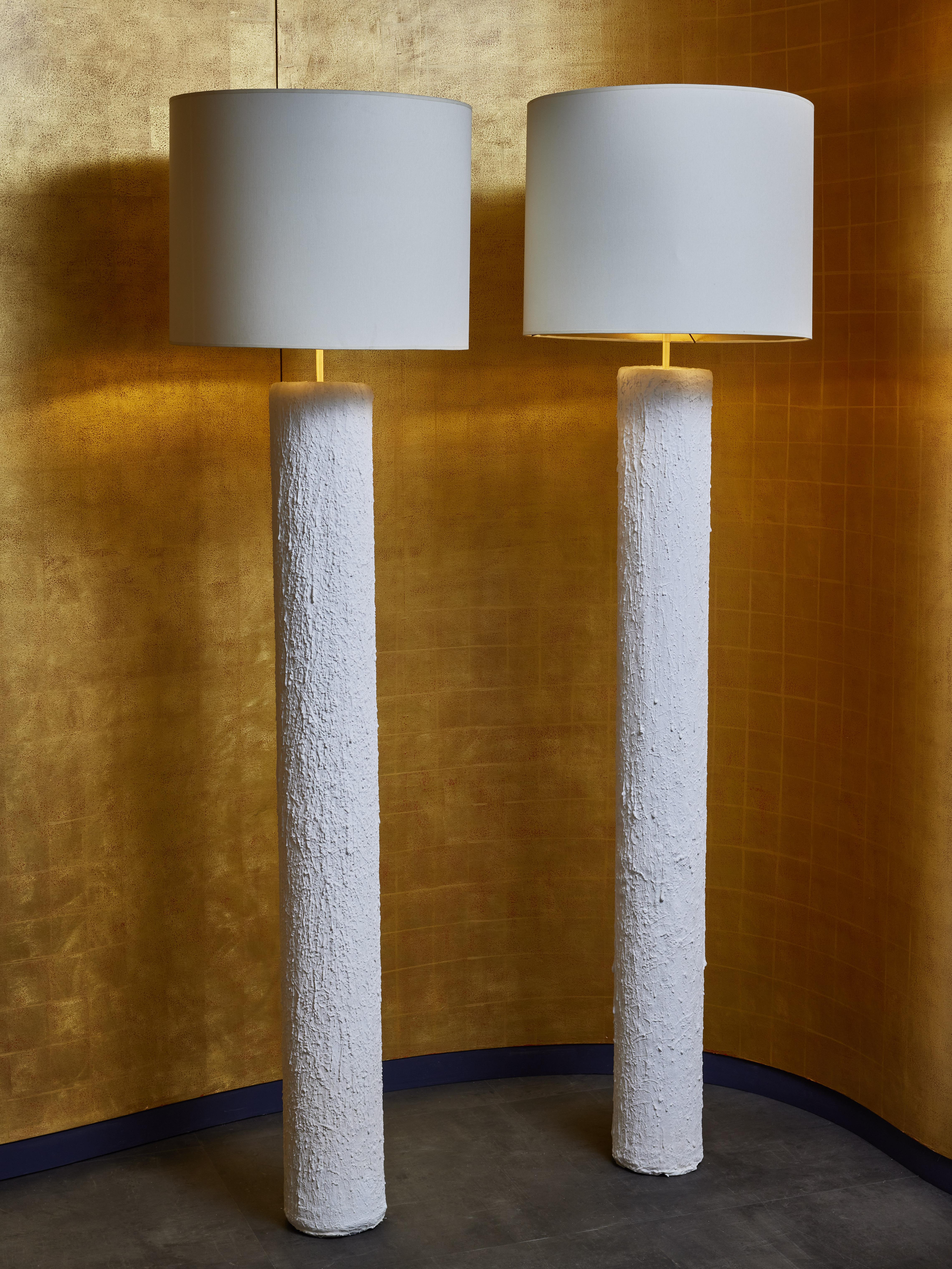 Modern Pair of Textured Plaster Cylindrical Floor Lamps For Sale