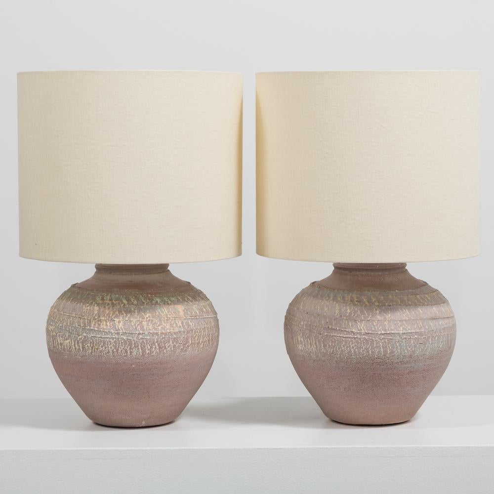 Late 20th Century Pair of Textured Pottery Table Lamps, 1970s For Sale