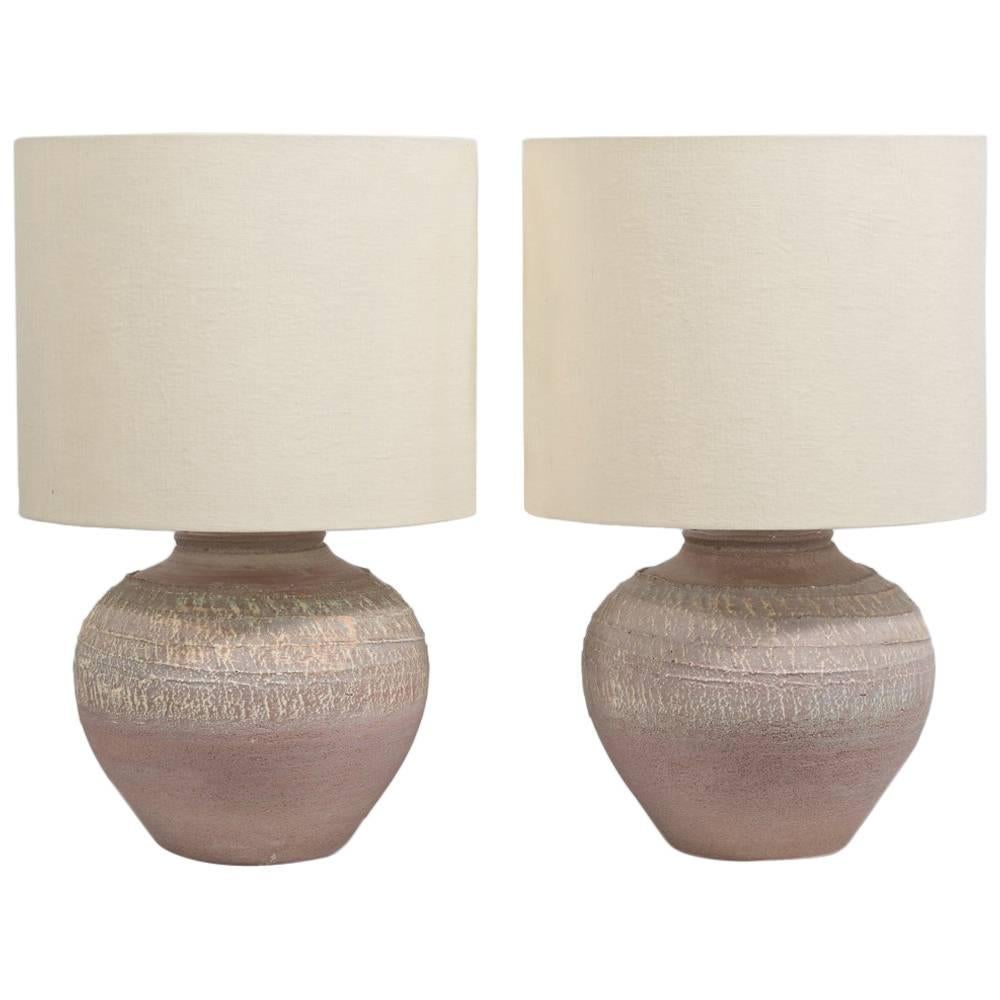 Pair of Textured Pottery Table Lamps, 1970s For Sale