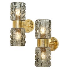 Pair of Textured Smoked Grey Taupe Murano Glass and Brass Sconces, Italy, 2022