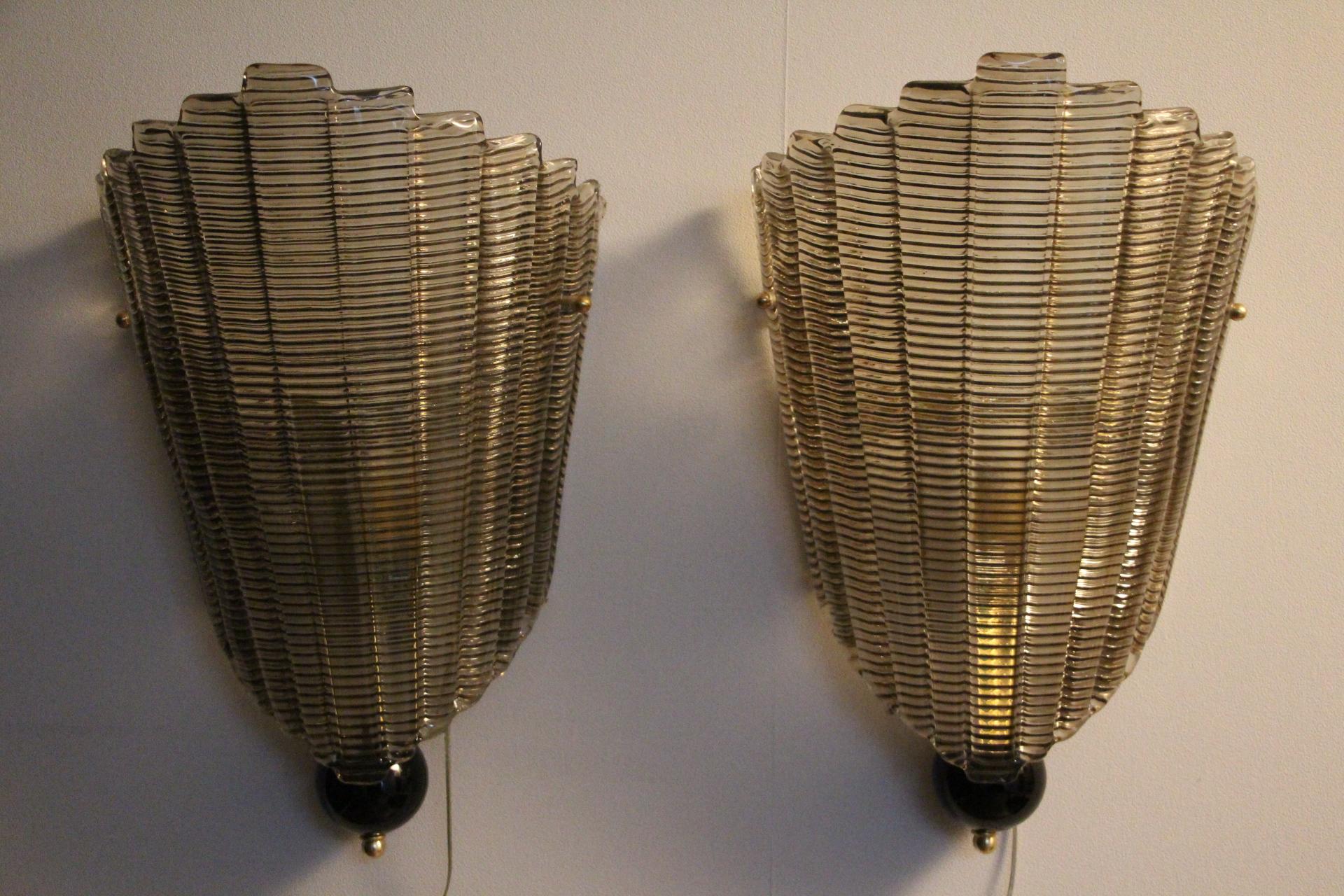 Pair of Textured Smoked Murano Glass Sconces For Sale 4