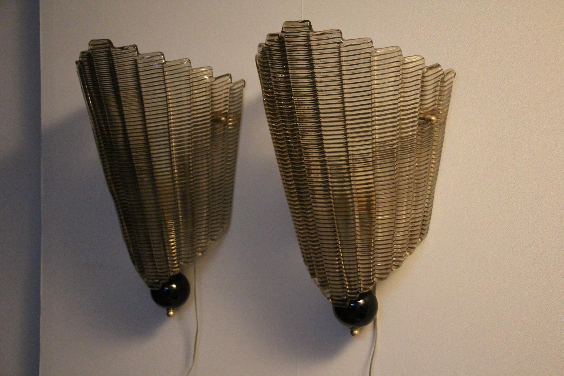 Pair of Textured Smoked Murano Glass Sconces For Sale 8