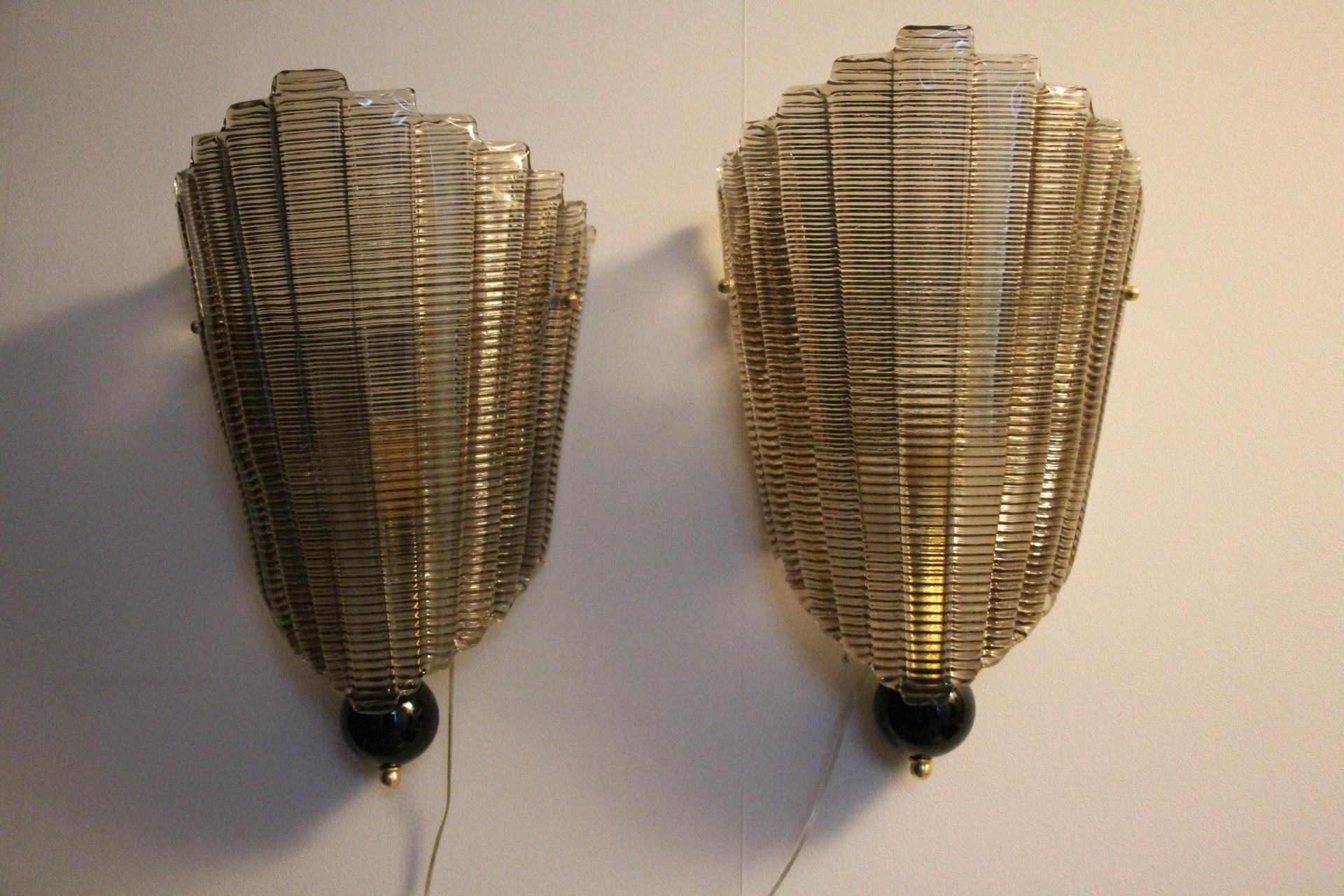 Mid-Century Modern Pair of Textured Smoked Murano Glass Sconces For Sale