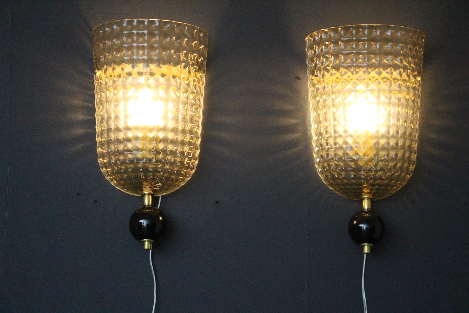 Contemporary Pair of Textured Smoked Murano Glass Sconces For Sale