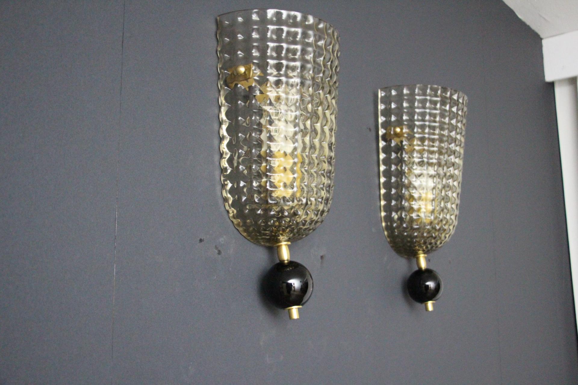 Pair of Textured Smoked Murano Glass Sconces For Sale 1