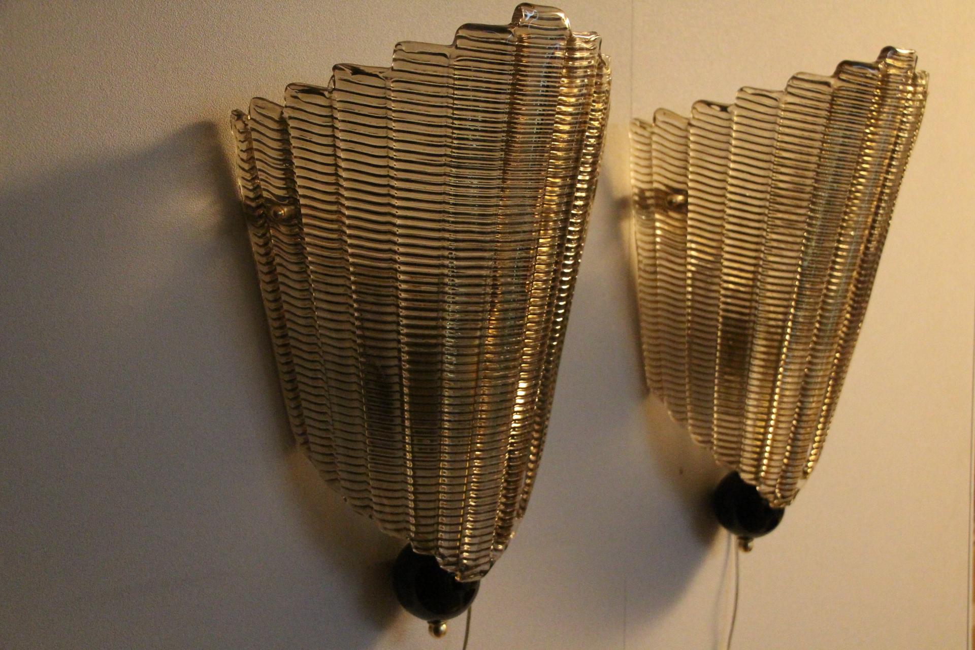 Pair of Textured Smoked Murano Glass Sconces For Sale 3