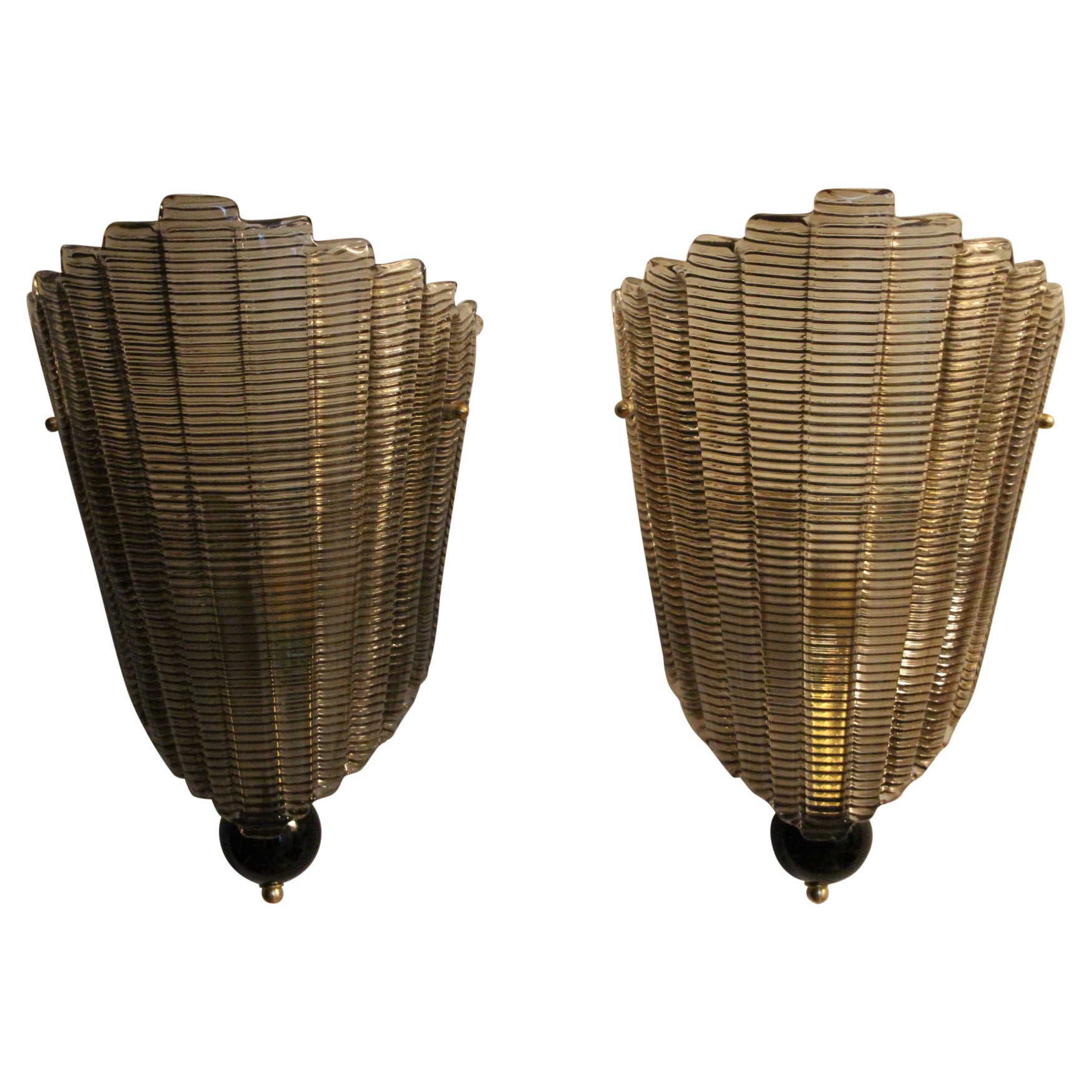 Pair of Textured Smoked Murano Glass Sconces For Sale