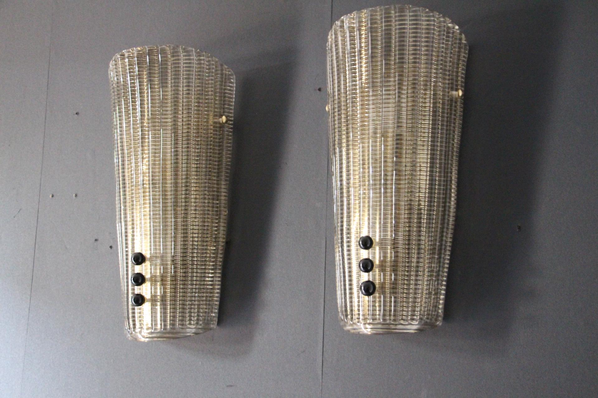 Mid-Century Modern Pair of Textured Smoked Murano Glass Sconces with Little Black Glass Pearls For Sale
