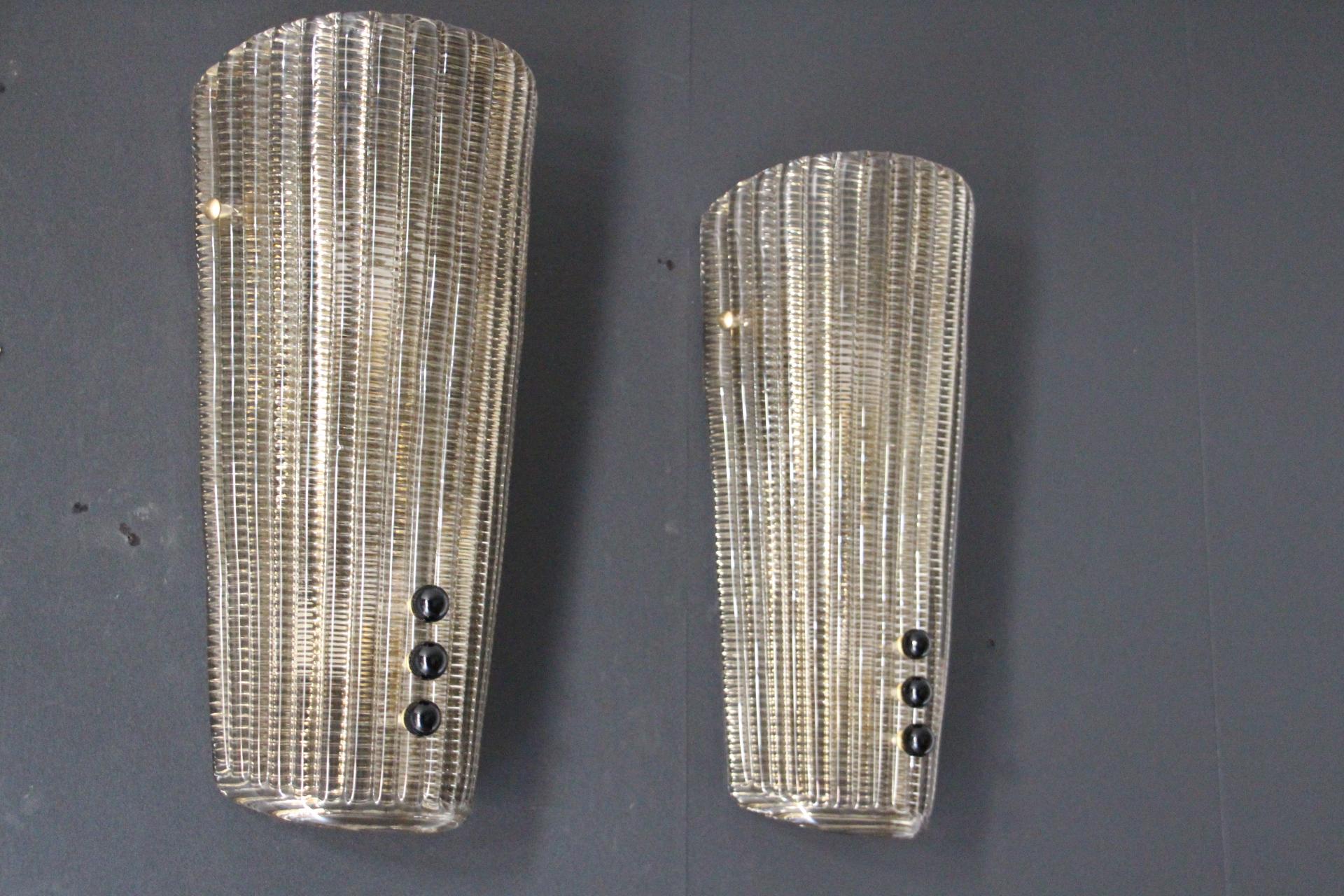 Italian Pair of Textured Smoked Murano Glass Sconces with Little Black Glass Pearls For Sale