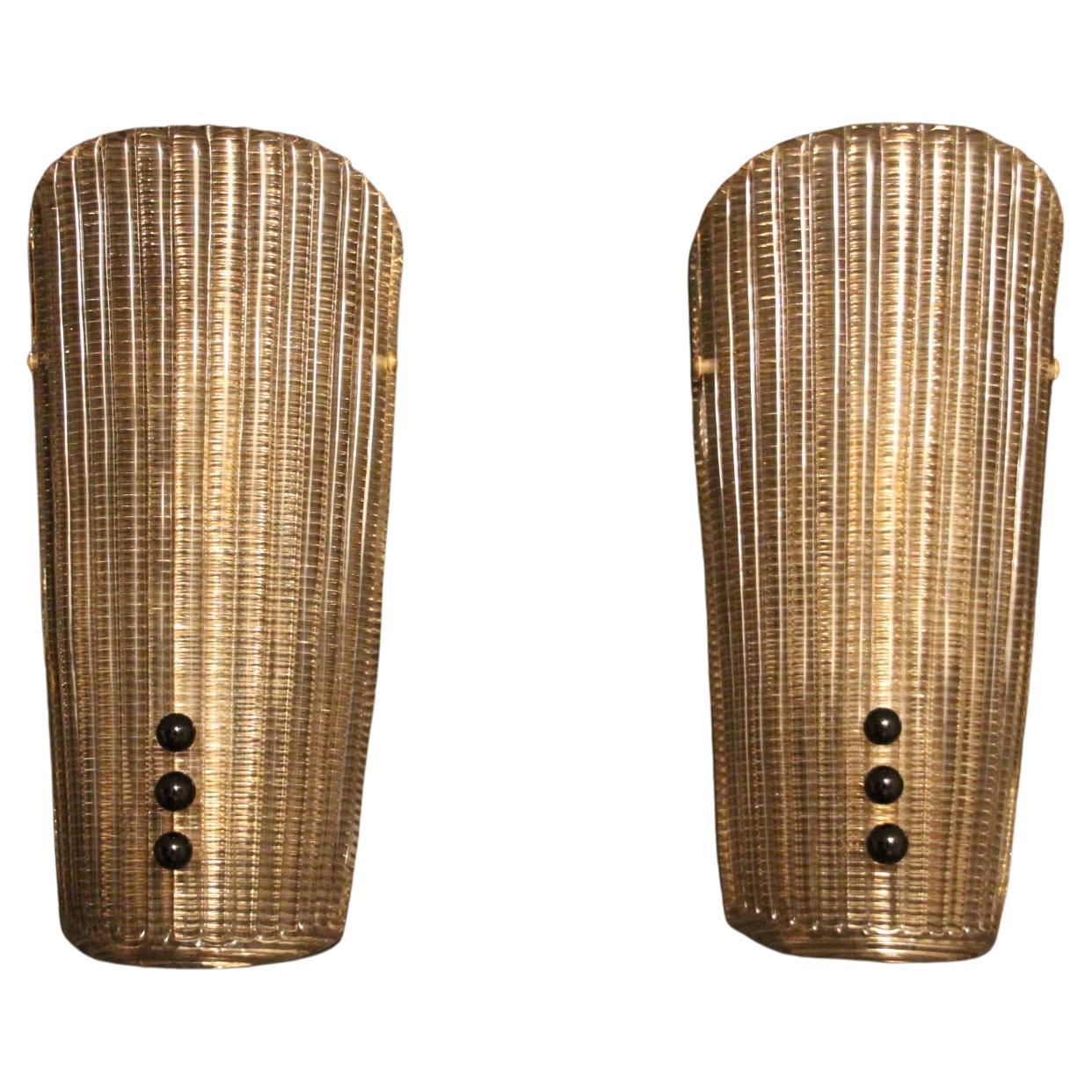 Pair of Textured Smoked Murano Glass Sconces with Little Black Glass Pearls For Sale