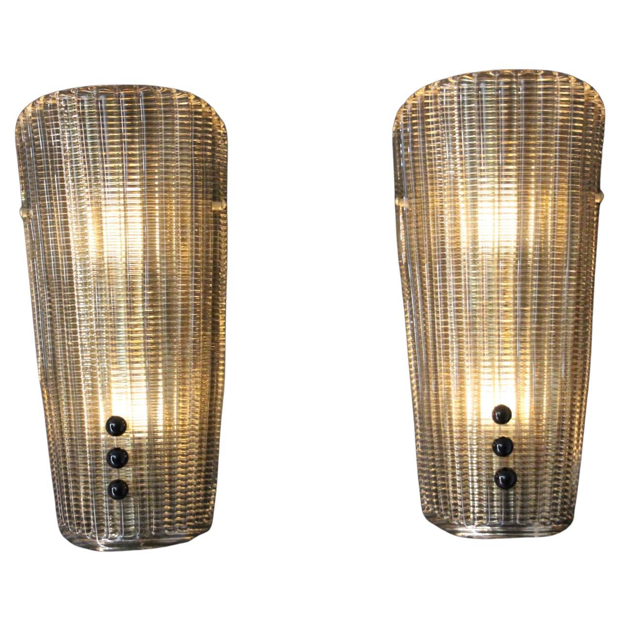 Pair of Textured Smoked Murano Glass Sconces with Little Black Glass Pearls