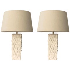 Pair of Textured White Plaster Lamps, France, Contemporary