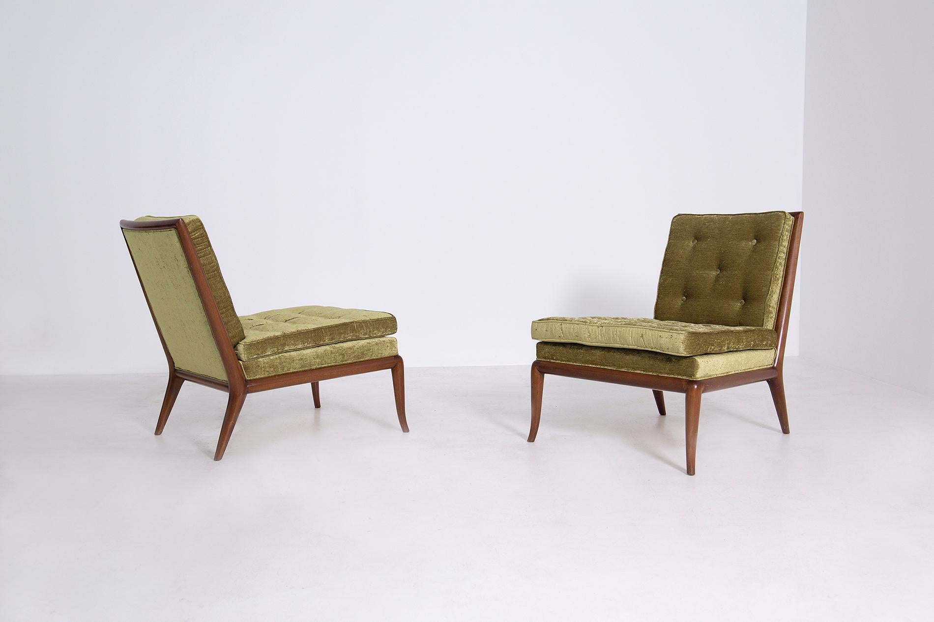 Mid-Century Modern Pair of T.H. Robsjohn-Gibbings Armchairs No. WMB in Green Velvet, 1950s