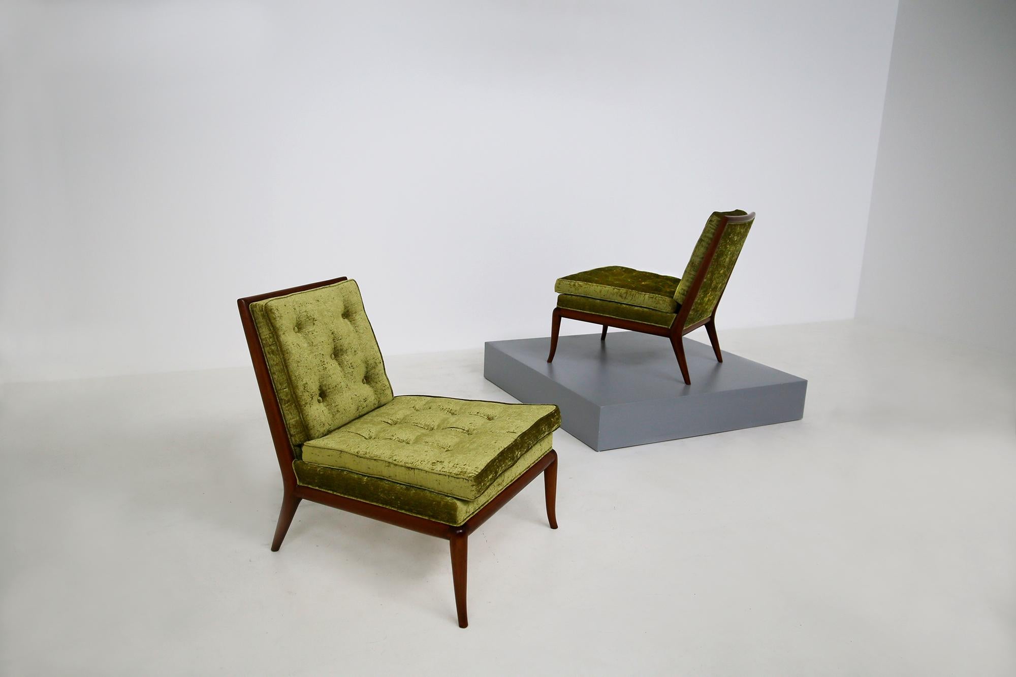 American Pair of T.H. Robsjohn-Gibbings Armchairs No. WMB in Green Velvet, 1950s