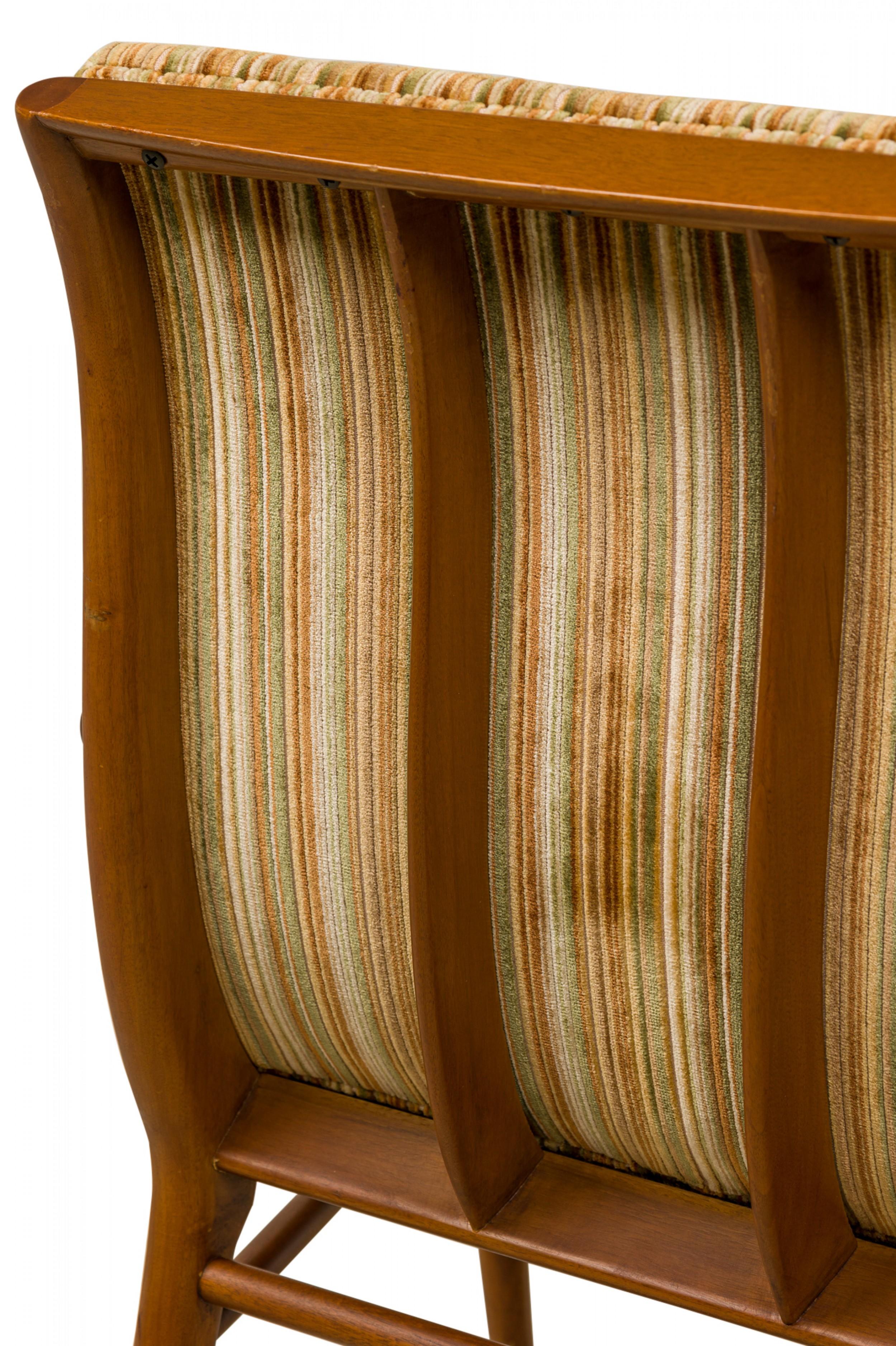 Fabric Pair of T.H. Robsjohn-Gibbings for Widdicomb Striped Upholstered Walnut Dining For Sale