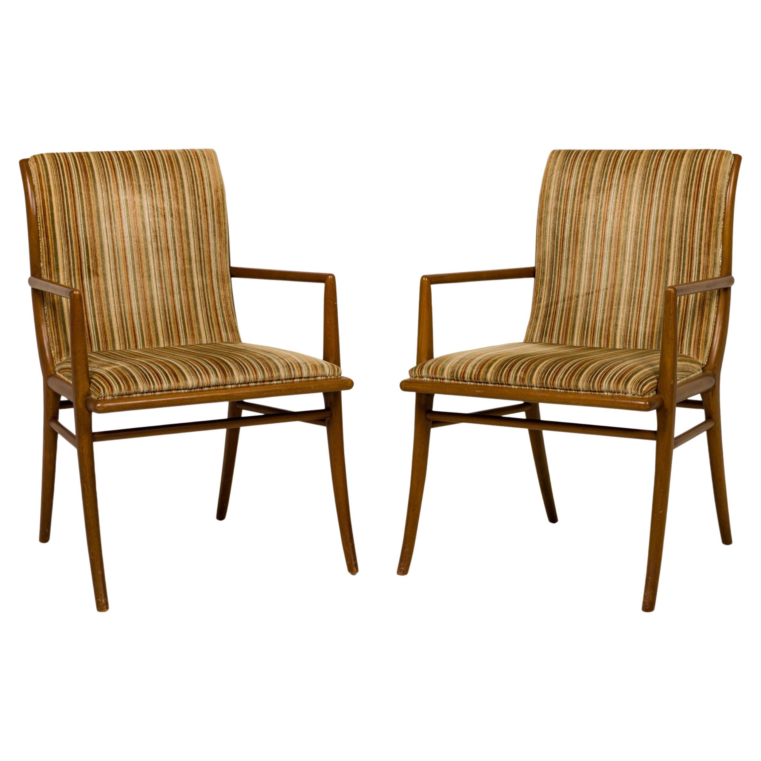 Pair of T.H. Robsjohn-Gibbings for Widdicomb Striped Upholstered Walnut Dining For Sale