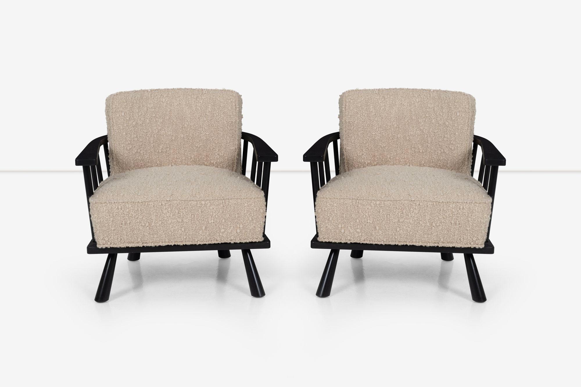 Pair of `T.H. Robsjohn-Gibbings Lounge Chairs for Widdicomb, model 1651
Black lacquer frames, reupholstered with Great Plains boucle. We decided not to add buttons for a clean minimal look but can add them at customers' request.
United Kingdom /