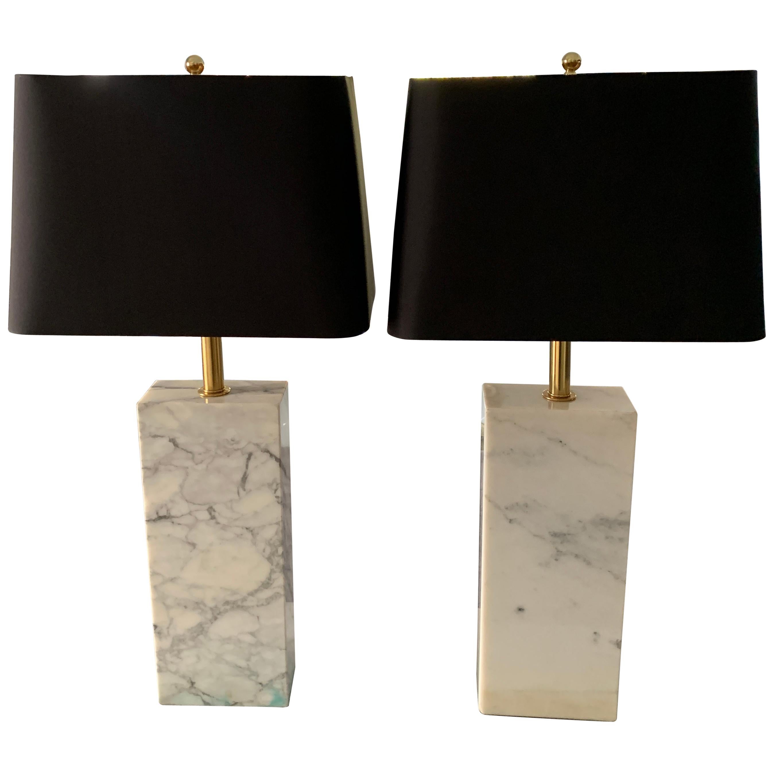 Pair of T.H. Robsjohn-Gibbings Marble and Brass Lamps with Shades For Sale