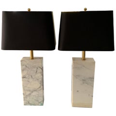 Pair of T.H. Robsjohn-Gibbings Marble and Brass Lamps with Shades