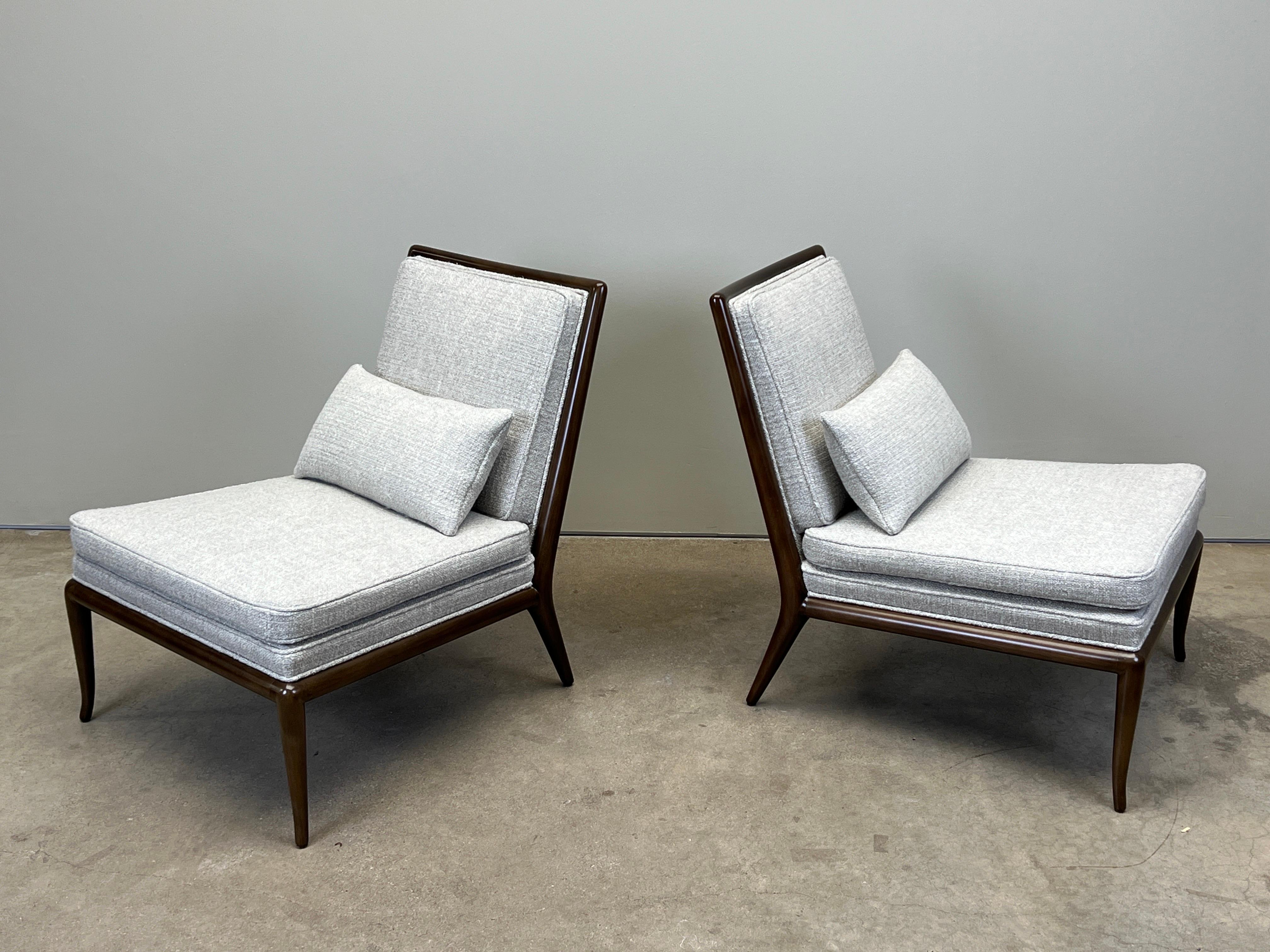 A pair of slipper chairs designed by T.H. Robsjohn-Gibbings for Widdicomb refinished and reupholstered in Holly Hunt / Esposito / Greige fabric. 