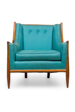 Pair of T.H. Robsjohn-Gibbings Walnut and Blue Upholstery Bergere Armchairs