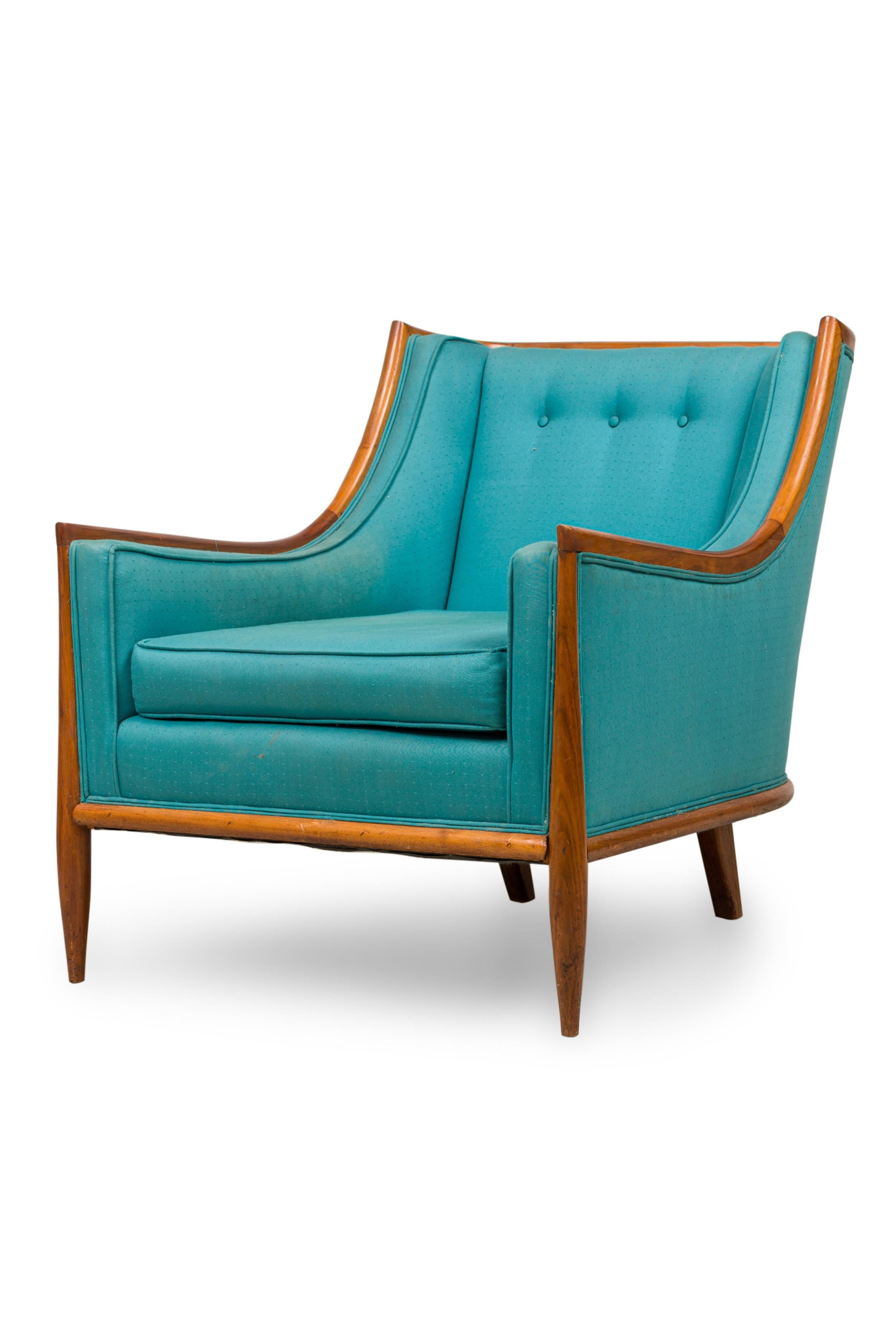 Mid-Century Modern Pair of T.H. Robsjohn-Gibbings Walnut and Blue Upholstery Bergere Armchairs For Sale