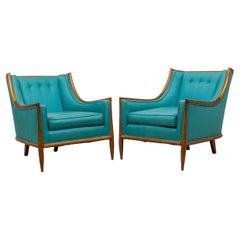 Paar von T.H. Robsjohn-Gibbings Sessel mit Nussbaum und blauem Polster aus Bergere