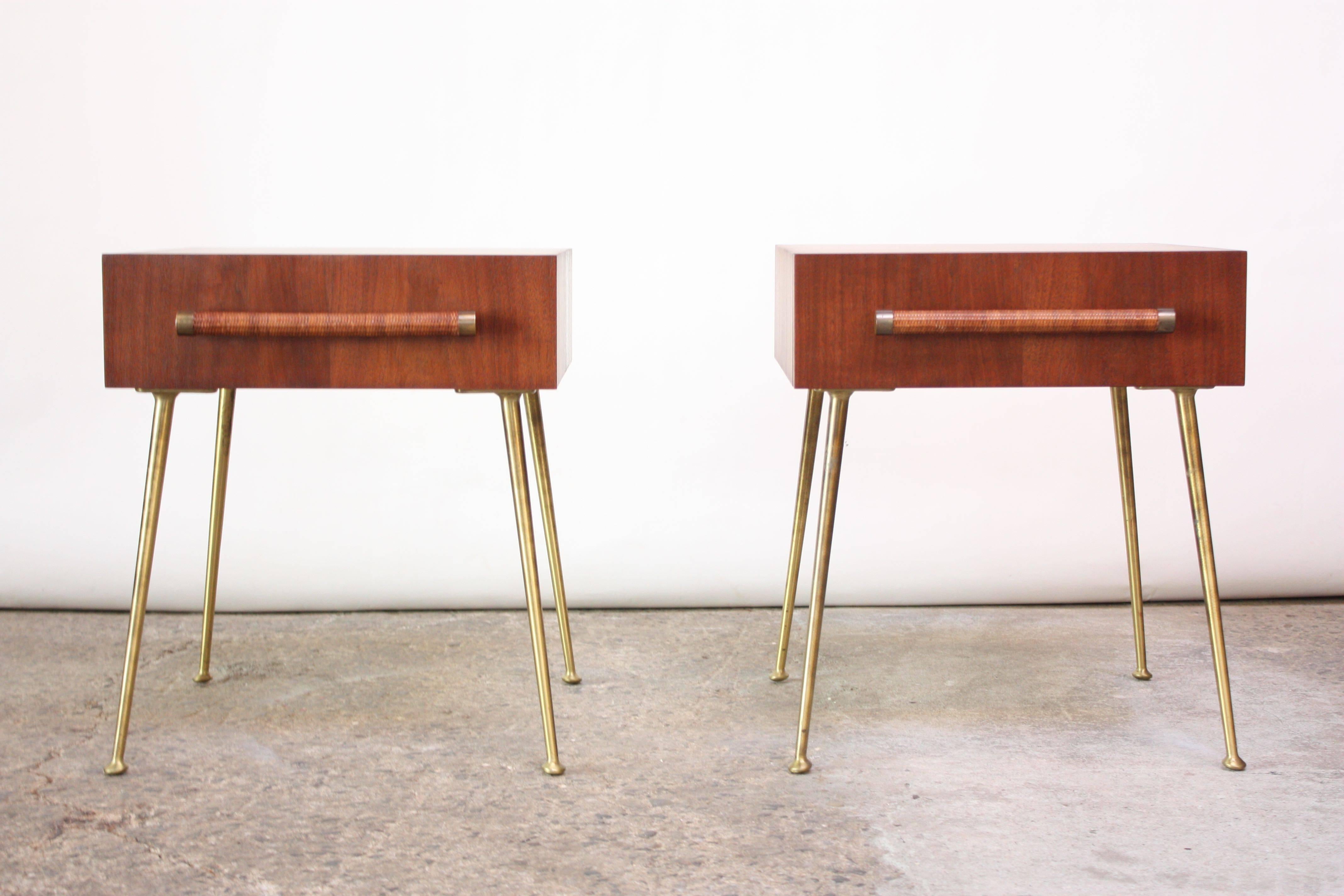 Pair of 1950s Robsjohn-Gibbings for Widdicomb single-drawer nightstands or end tables (model #4001) with brass legs / fittings and cane-wrapped drawer pulls. Finished on all sides, including the back.
Beautiful, restored condition, except brass
