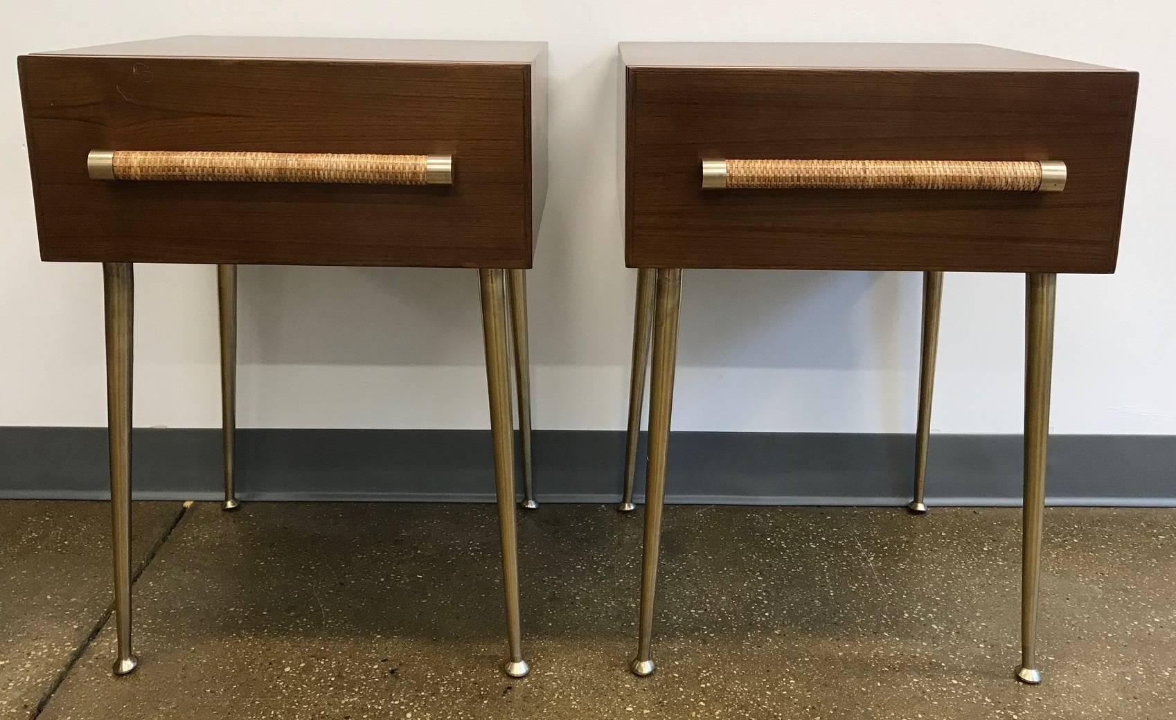 Pair of newly restored 1950's Robsjohn-Gibbings for Widdicomb single drawer side tables with bronze legs and cane wrapped drawer pulls.
Please contact us for any other information