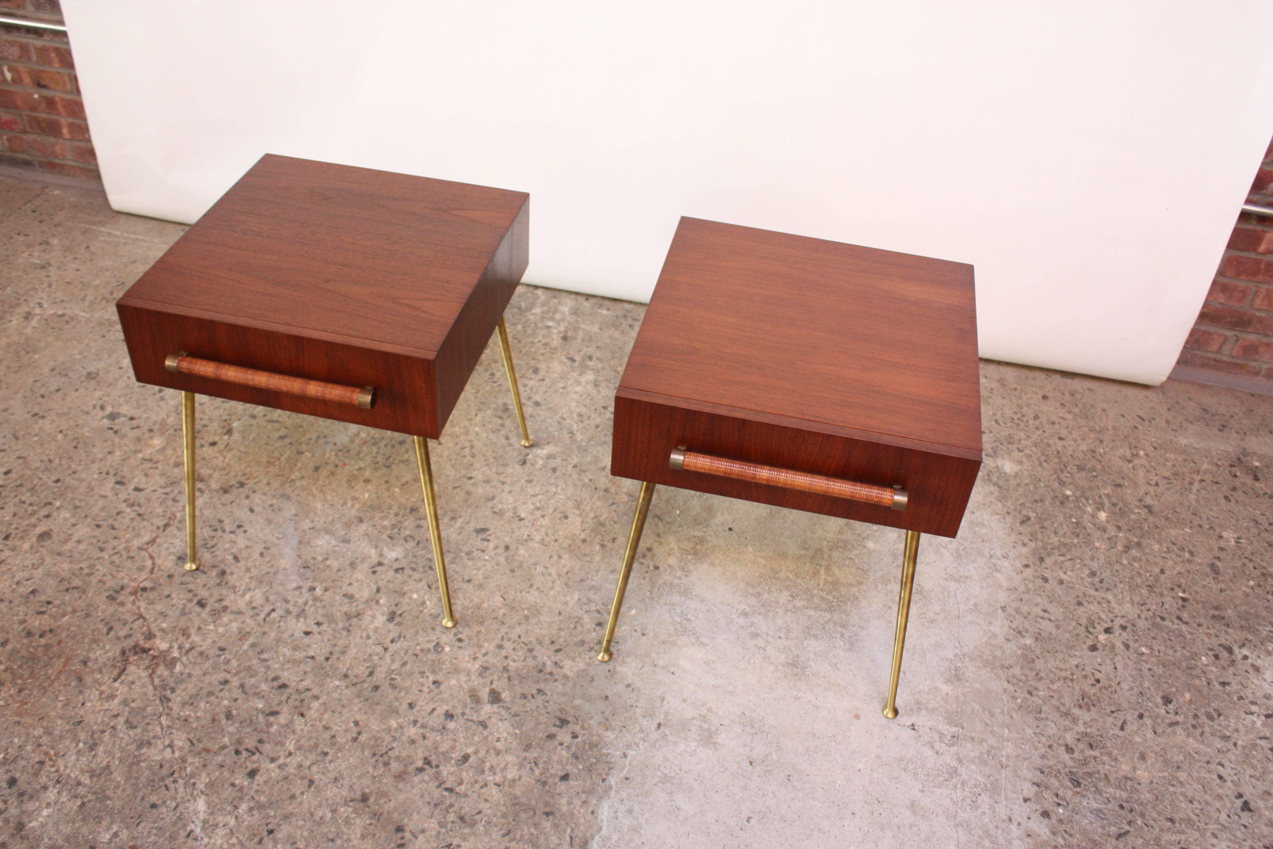 Pair of T.H. Robsjohn-Gibbings Walnut and Brass Nightstands In Good Condition In Brooklyn, NY