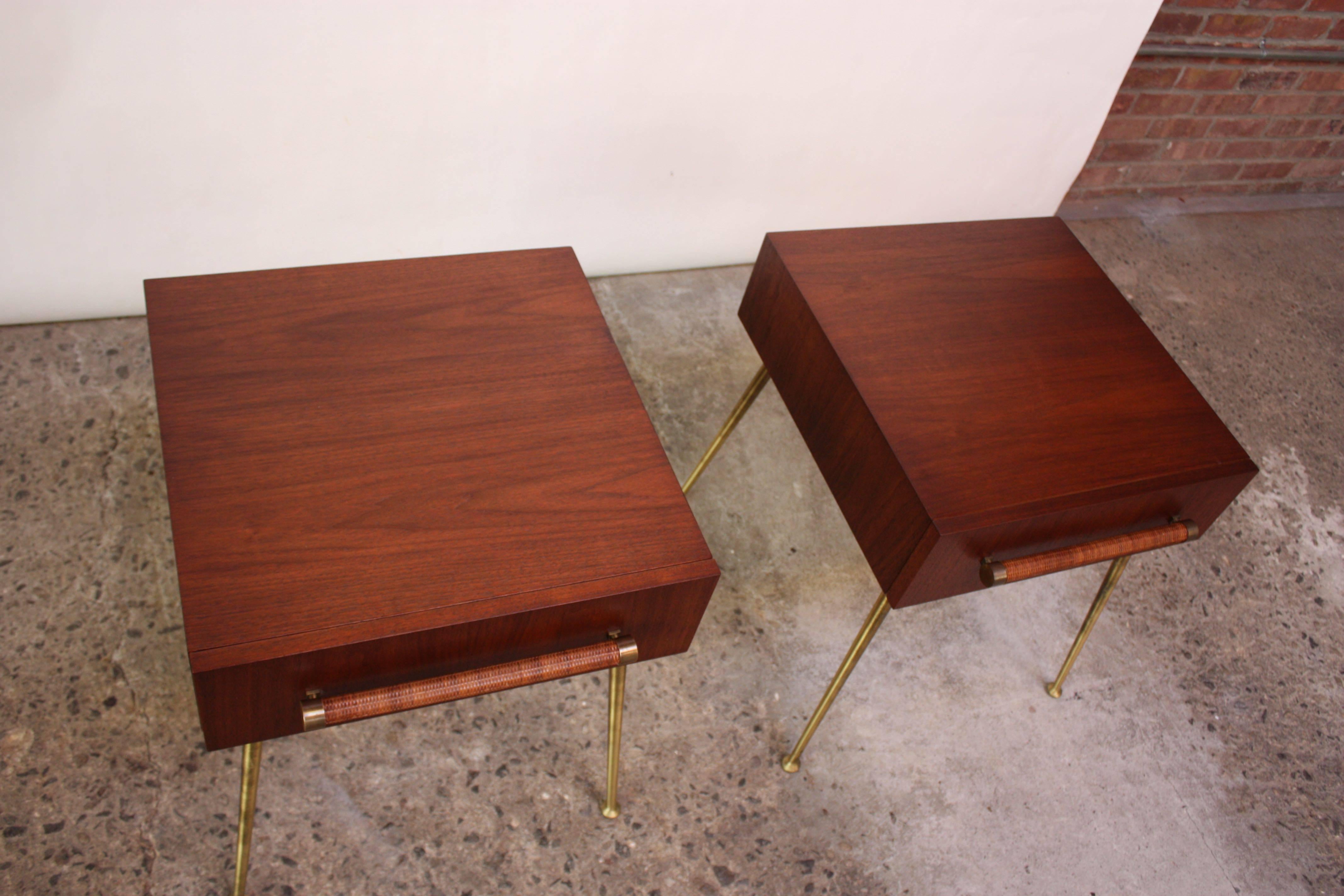 Mid-20th Century Pair of T.H. Robsjohn-Gibbings Walnut and Brass Nightstands