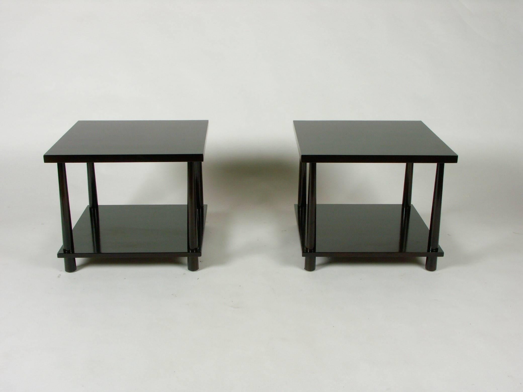 Pair of T.H. Robsjohns-Gibbings for Widdicomb reverse taper end tables, side or lamp tables, circa 1952. To be refinished in a dark brown espresso finish or custom color options available. Darker set shown already sold.