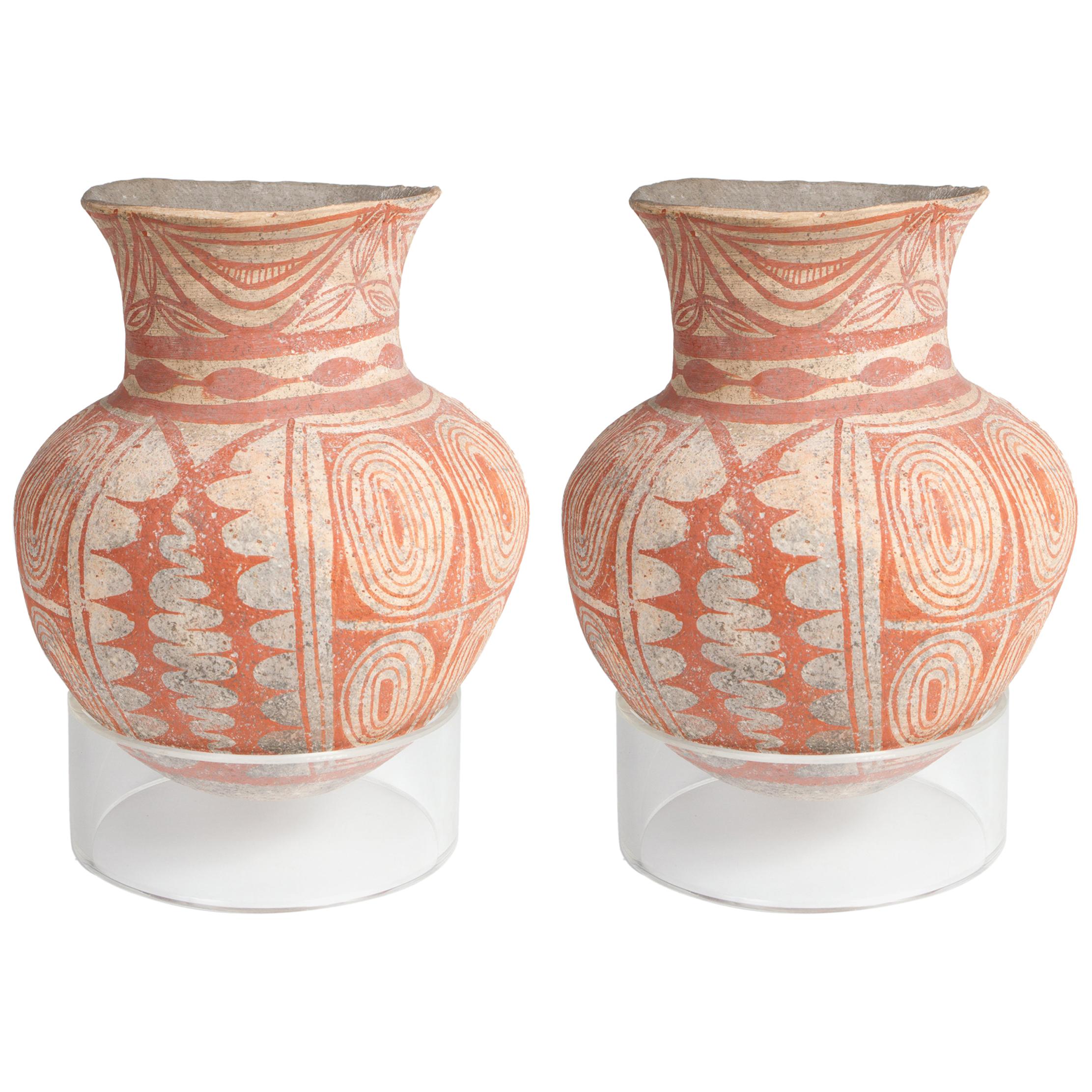 Pair of Thai Ban Chiang Style Painted Pottery Vessels For Sale