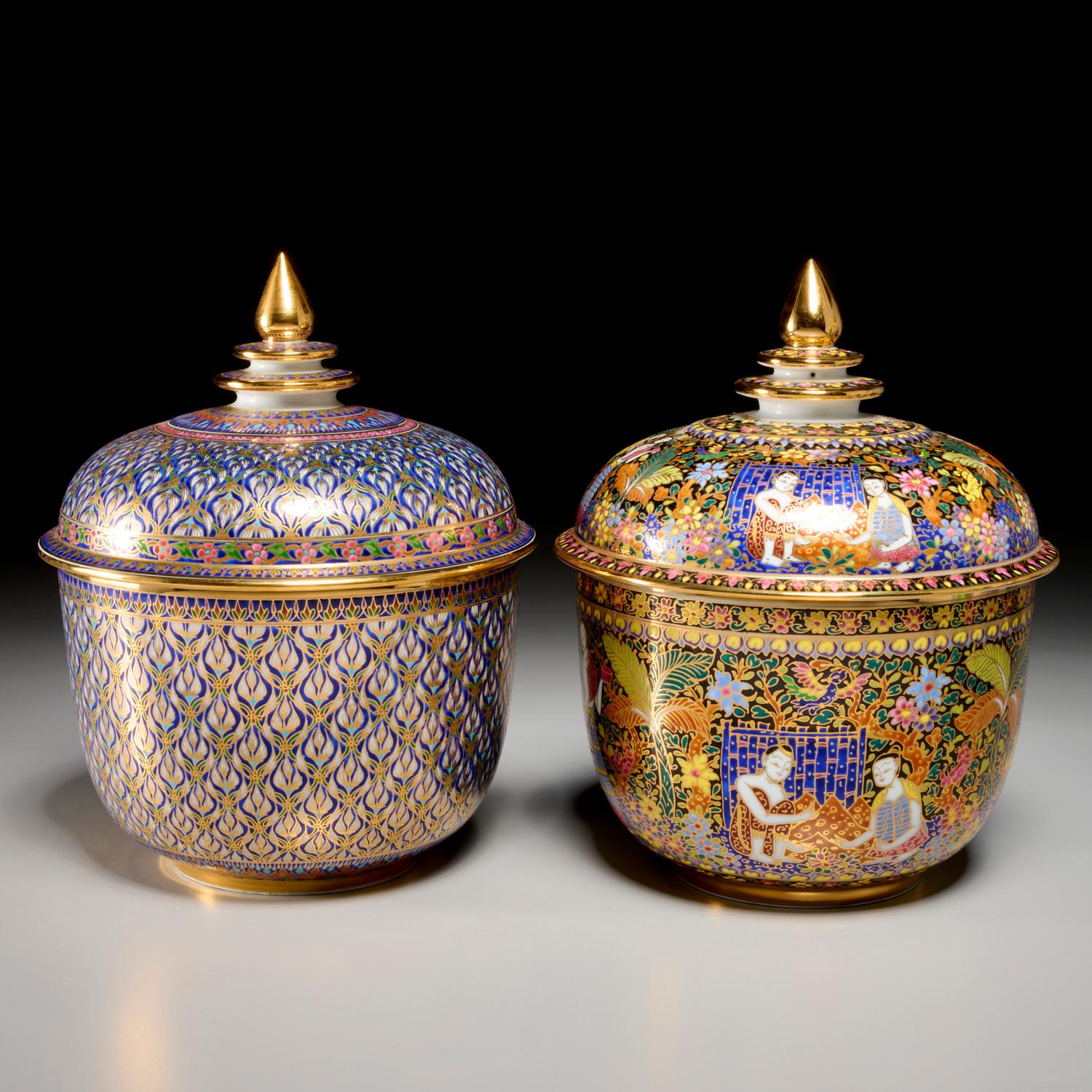 Pair of Thai Benjarong Lidded Porcelain Jars Vibrantly Hand Painted and Gilded For Sale 4