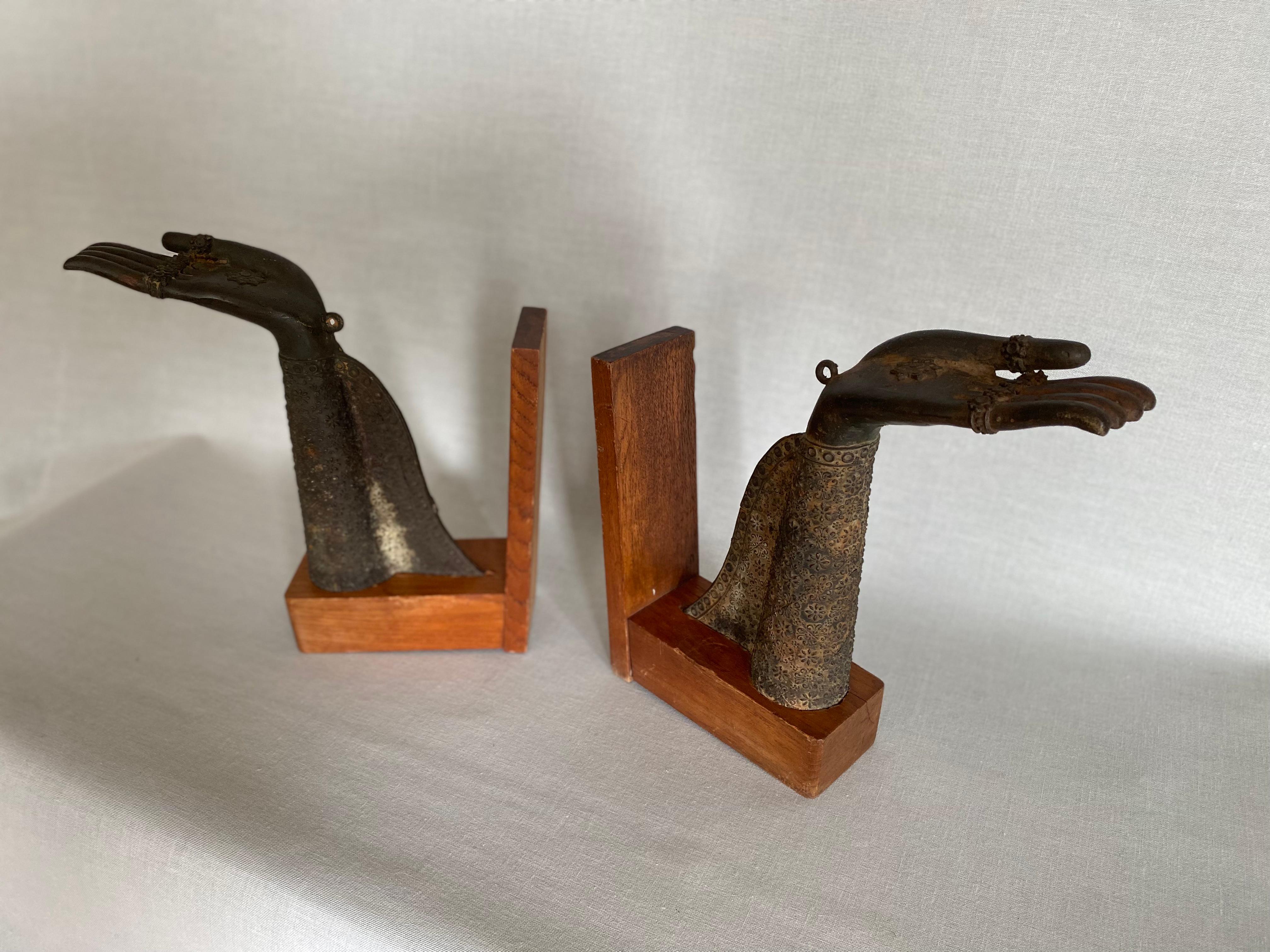 Pair of Thai Bronze Buddha Hands Fragments Repurposed as Bookends 1